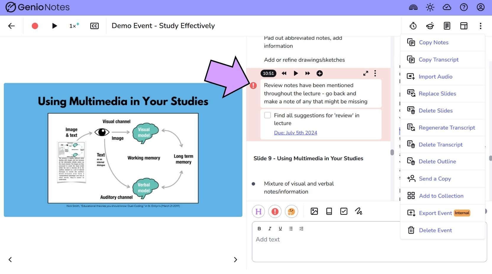 Genio Notes in 1 min - review labeled moments