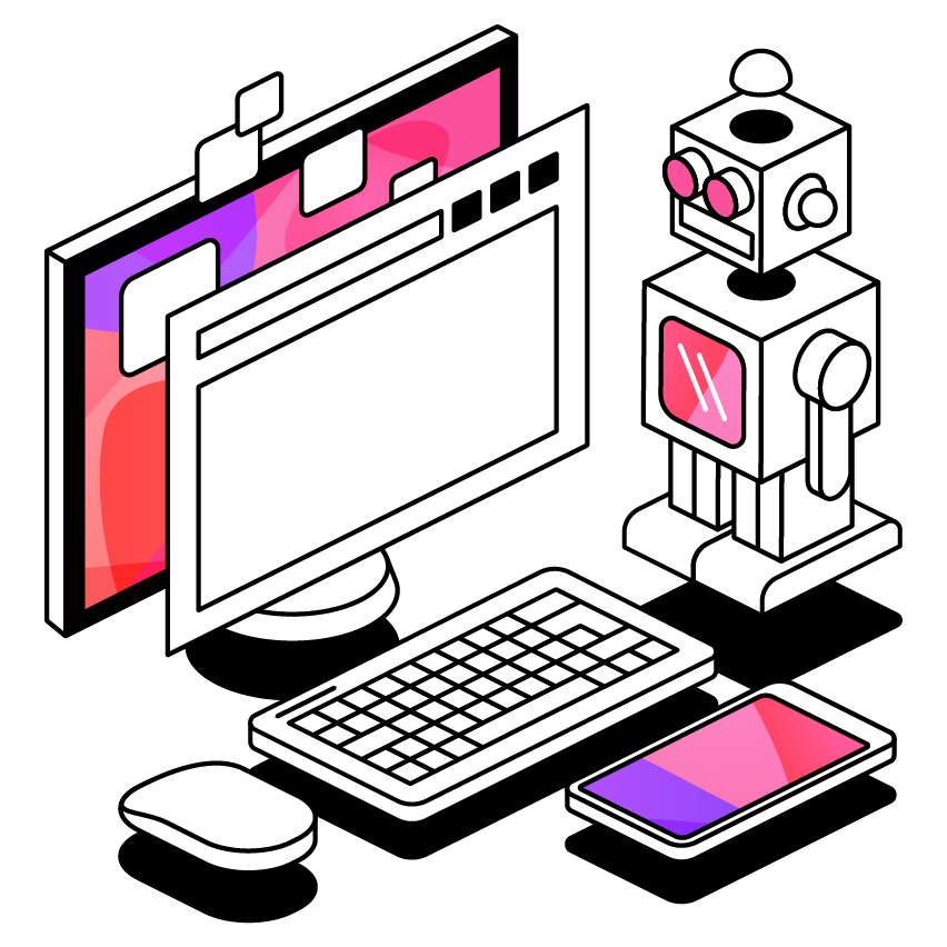 Robot next to computer monitor, keyboard and mouse