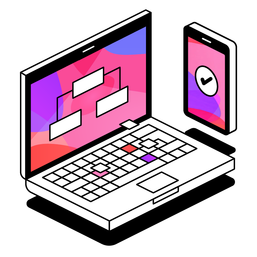 Laptop open with flow chart on screen, next to a mobile with tick icon on screen